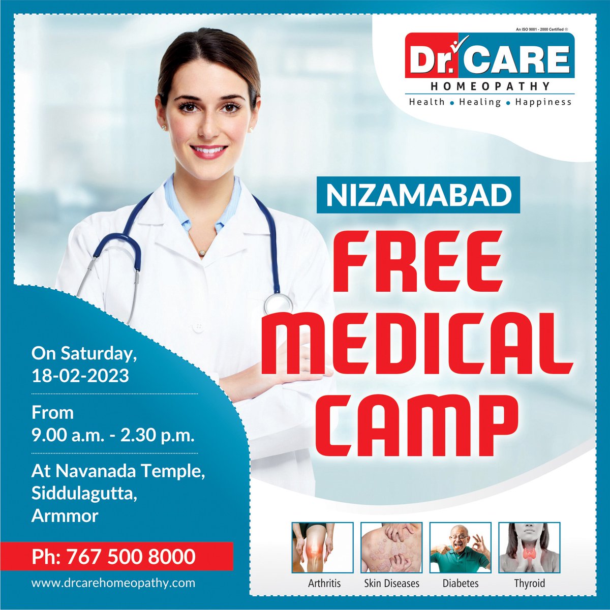 DoctorsHomeo's tweet photo. Dr. Care Homeopathy is organizing a Free Medical Checkup in Nizamabad on 18th February 2023. We Provide Consultation for Various Ailments such as Psoriasis, Respiratory Ailments, and many more.
#homeopathyworks #homeopathy #arthritisrelief #diabetesmanagement #thyroidhealth https://t.co/6MhKs65fnq