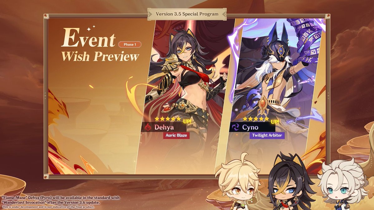 BRGenshinImpact's tweet photo. Versão 3.5: Aviso de Oração de Evento
Período 1
Com grande aumento de taxa de drop, "Leoa Flamejante - #Dehya (Pyro)" e "Juiz dos Segredos - #Cyno (Electro)"!

#GenshinImpact https://t.co/5QyS39n5cc