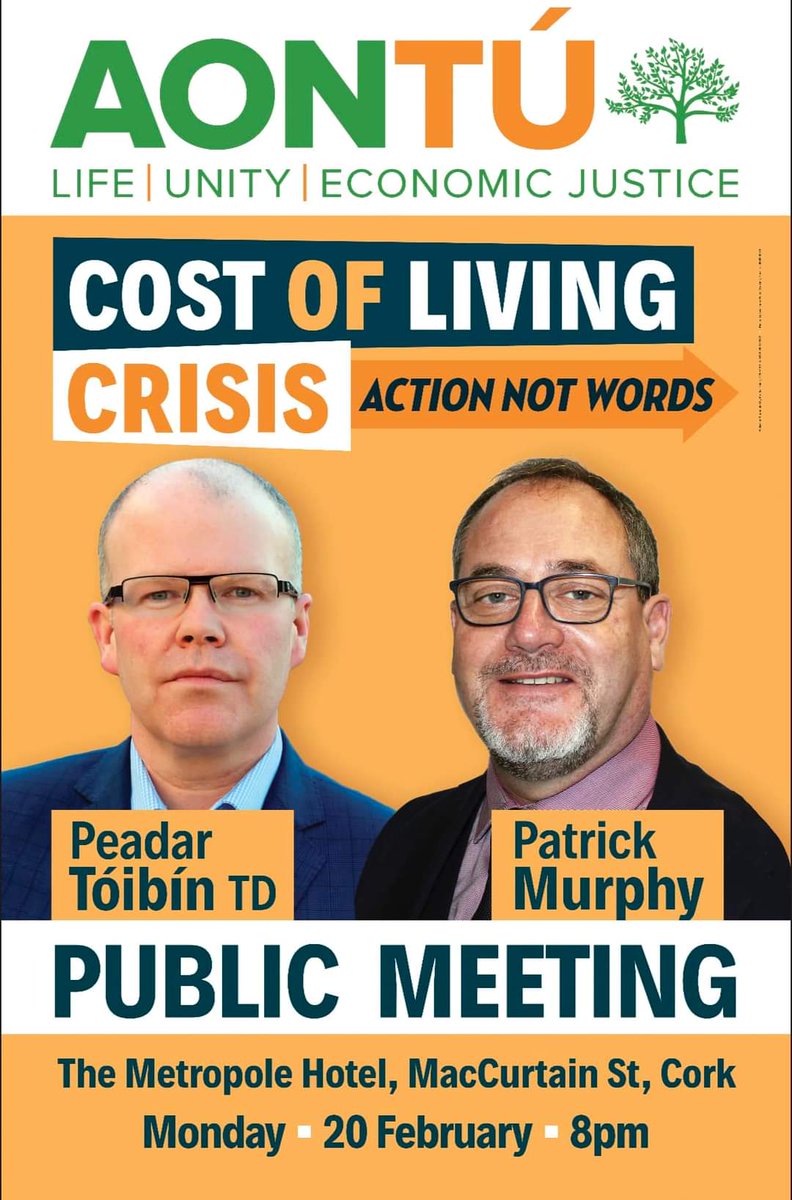 Toibin1's tweet photo. Important Public Meeting on the Cost of Living Crisis in Cork on Monday.
We will also launch Patrick Murphy's campaign. Patrick will be our EU Election Candidate in Ireland South.
Build real change. #Aontú #CostOfLivingCrisis #fisherman #farmers #practicalpolitics https://t.co/3Smyd0h1h6