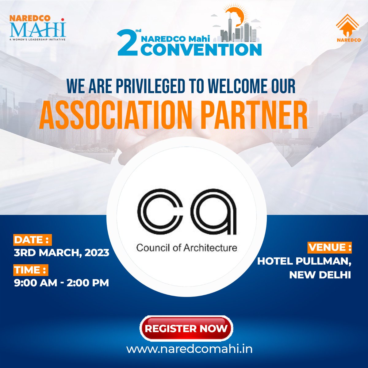 NaredcoMahi's tweet photo. We are pleased to announce the @CouncilofArchi1 - India as our Association Partner for the 2nd NAREDCO Mahi Convention. 

Register Now: https://t.co/8lcEDse0mF

#NAREDCOMahi #NAREDCO #NAREDCOMahiConvention #Convention #MahiConvention #AssociationPartner #WomenInRealEstate https://t.co/fekN1TUktt
