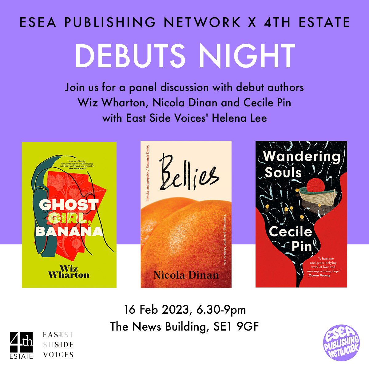 eseapn's tweet photo. 💜🤍 What a special Debuts Night with Wiz Wharton, Nicola Dinan &amp; Cecile Pin in conversation w/ @LondonHelena Lee of East Side Voices! 

Big thanks to @4thEstateBooks,  @nicolawebb93 &amp; @Niri_Bharadia for hosting and @ElevateHC_ for supporting 🙏 https://t.co/1b3hGz2uMS