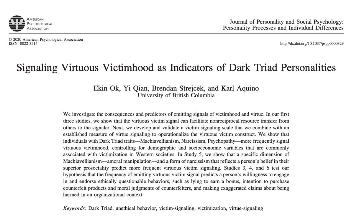 Machiavellianism, narcissism, and psychopathy are associated with virtuous victim signaling — a form of status-seeking, in which people portrays themselves as virtuous victims to garner sympathy and elevates their moral status gwern.net/doc/psychology…