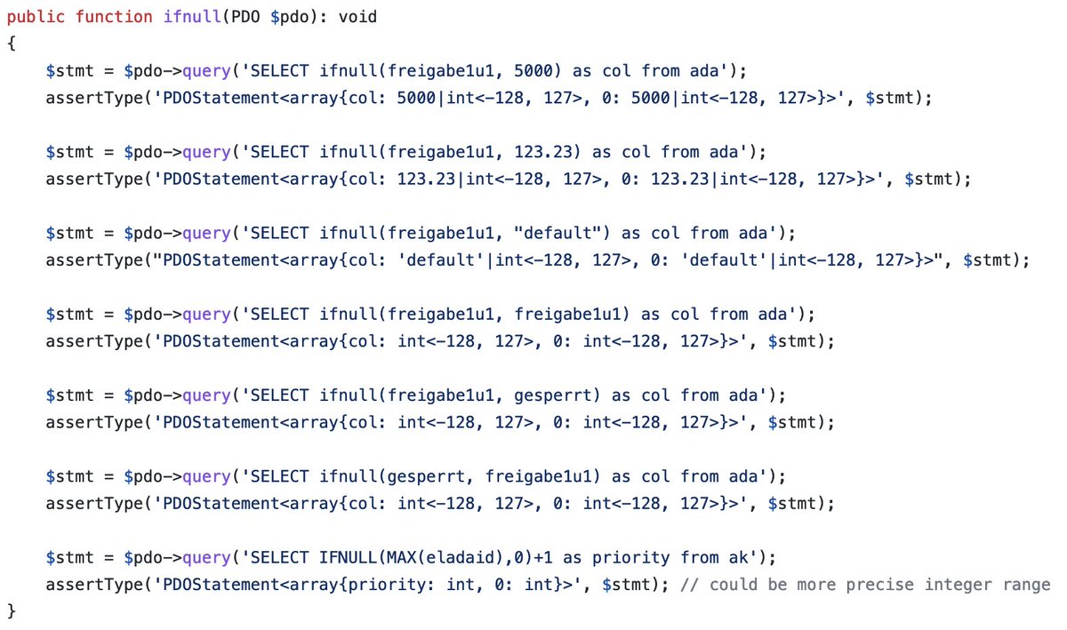 markusstaab's tweet photo. just released the next #phpstandba release.
opt-in sql ast based type inference is getting serious.
we support all control flow functions. also a lot of often used ones. based on #sqlftw
overview: https://t.co/6CzsYksnAF
//cc @paranoiq https://t.co/tp1JWtyJ4B