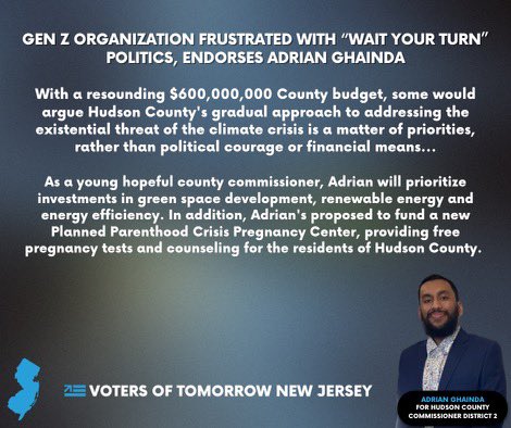 I am beyond thankful for @VOTNewJersey and their endorsement. 

We deserve to have a seat at the table in local politics & a fierce advocate to represent everyone in District 2!

#jerseycity #hudsoncounty #agentofchange #genzforoffice #votersoftomorrow