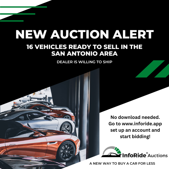 InfoRideApp's tweet image. New Auction Alert in San Antonio! If you're in the market for a vehicle and looking for a great deal, head over to inforide.app and start bidding. Dealer will ship as well, so you don't have to be in the San Antonio area to bid.

#DigitalAuctions #InfoRide