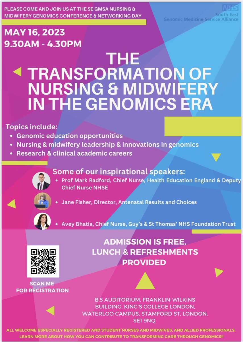 📣 #Nurses & #midwives! You are all invited to @SEgenomics #FREE conference: The Transformation of N&M in the #Genomics Era 🤩 Learn & network w/ our team & our amazing speakers @MRadford_HEECN @avey_bhatia @ArcChoices Can’t wait to see you there! 🔗 bit.ly/3xuHHJt