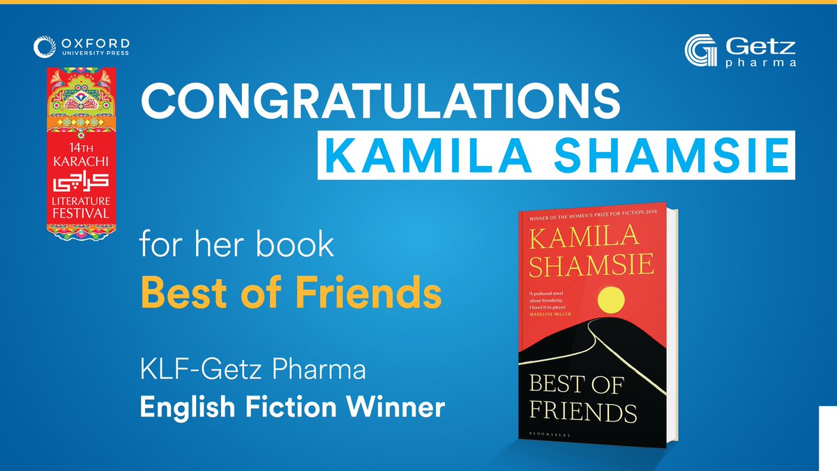 Congratulations to Kamila Shamsie (@kamilashamsie), the winner of the KLF-Getz Pharma English Fiction Award for her book - Best of Friends. 
#GetzPharma #KarachiLiteratureFestival2023 #KhiLF #KLF2023