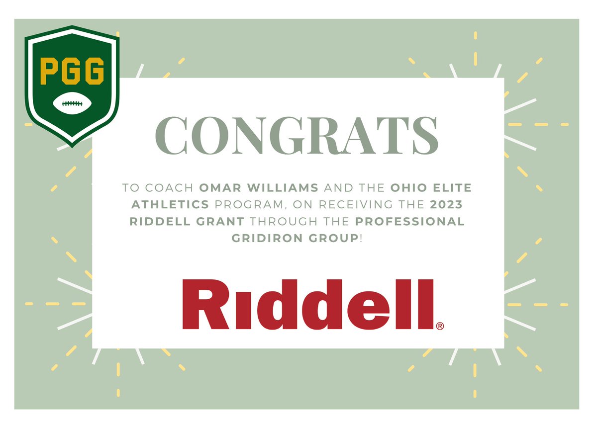 CONGRATS to Coach Omar Williams &amp; Ohio Elite Athletics on being selected for the 2023 Riddell Grant!  Ohio Elite was selected due to their mission being so well aligned with the PGG’s.  Big thanks once again to our sponsor @riddellsports.