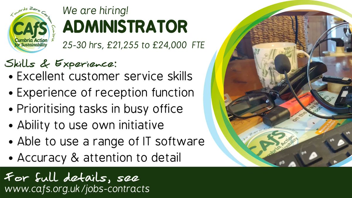 We're looking for an ace administrator to provide a professional, friendly and comprehensive reception service, and admin support service to the CAfS team. 

For full details and how to apply, see buff.ly/3lKFvL7

#recruitment #Penrith #Cumbria #Situationsvacant #Jobs