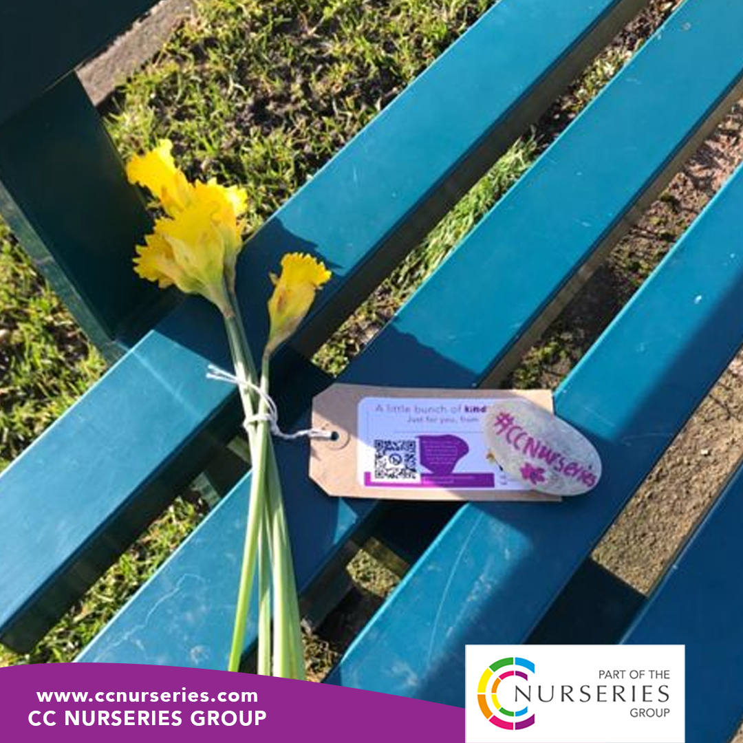 CCNurseriesUK's tweet photo. Our Nursery settings visited their local communities today to drop off bunches of spring posies ready for people to find or receive as part of #RandomActsofKindnessDay 
Such fun putting a smile on people's faces and seeing where they ended up!
https://t.co/4Wf3gYGHmj @NDNAtalk https://t.co/aZaJN0v7Qm