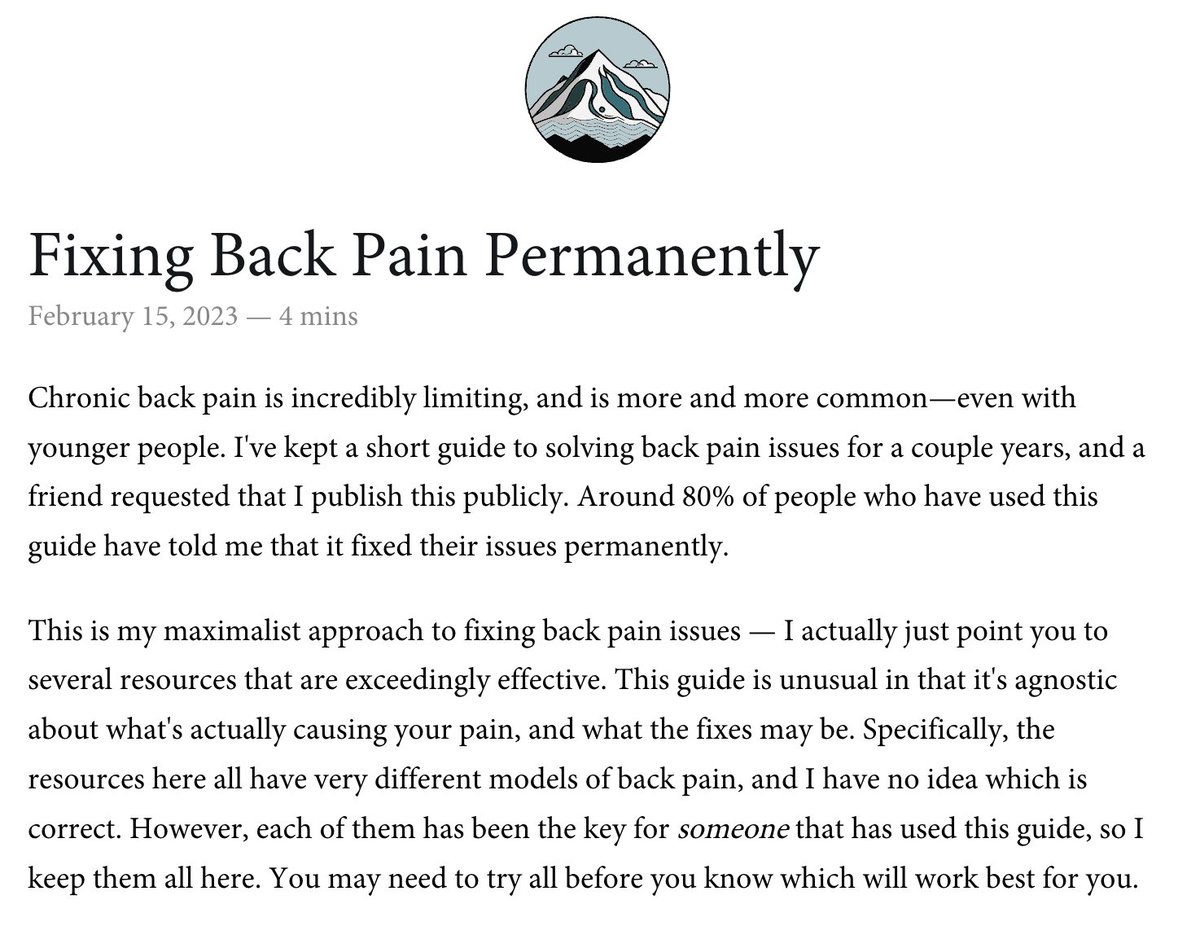 Publicly published my "fix your back" guide. This was a Notion doc that I shared with friends, and has an excellent (~80%) success rate at fixing back pain permanently.

Hope this will continue to help others! Link below.