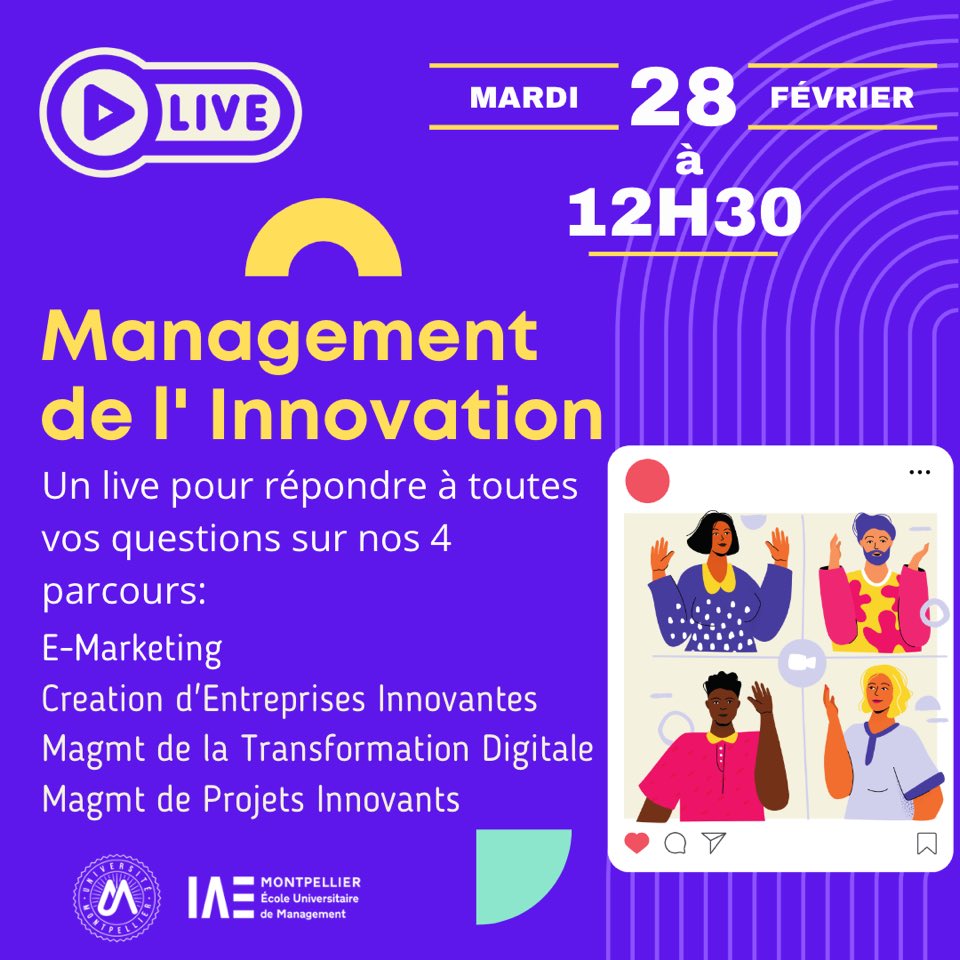 🎥LIVE 28/2 @iae_montpellier 👉 M1 Mention Innovation 
📚 E-marketing lnkd.in/d_hGCWU. 
📚 Management de Projets Innovants lnkd.in/dSw5yrm.
📚 Création d’Entreprise Innovante lnkd.in/dE_MASa.
📚 Management de la Transf Digitale lnkd.in/dVVv3H7.
