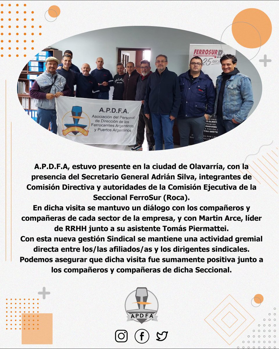 apdfanacional's tweet image. A.P.D.F.A, estuvo presente en la ciudad de Olavarría, con la presencia del Secretario General Adrián Silva, integrantes de Comisión Directiva y autoridades de la Comisión Ejecutiva de la Seccional FerroSur (Roca)
@ApdfaAdrian 
#apdfa #sindicato #ferrosur #olvarria