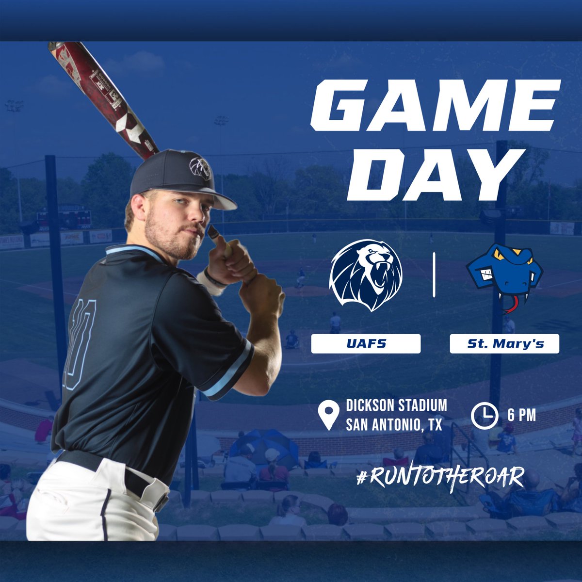 ⚾️GAMEDAY!⚾️

🆚: St. Mary's
🕕: 6 PM
🏟️: Dickson Stadium (San Antonio, TX)
📊: bit.ly/3S69xW2
📺: bit.ly/3laCf95

#RunToTheRoar