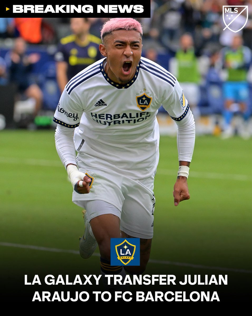 MLS's tweet photo. Julian Araujo is headed to @FCBarcelona!

The 21-year-old defender made 100 appearances for the @LAGalaxy. https://t.co/y1kmar28B7