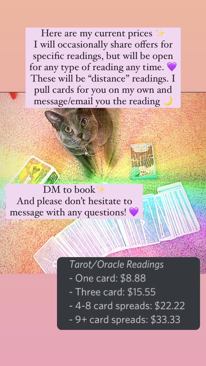 chels51's tweet photo. I am now offering tarot/oracle readings on a regular basis 🌙 see images for details! ✨ https://t.co/xuQP4I7oOm