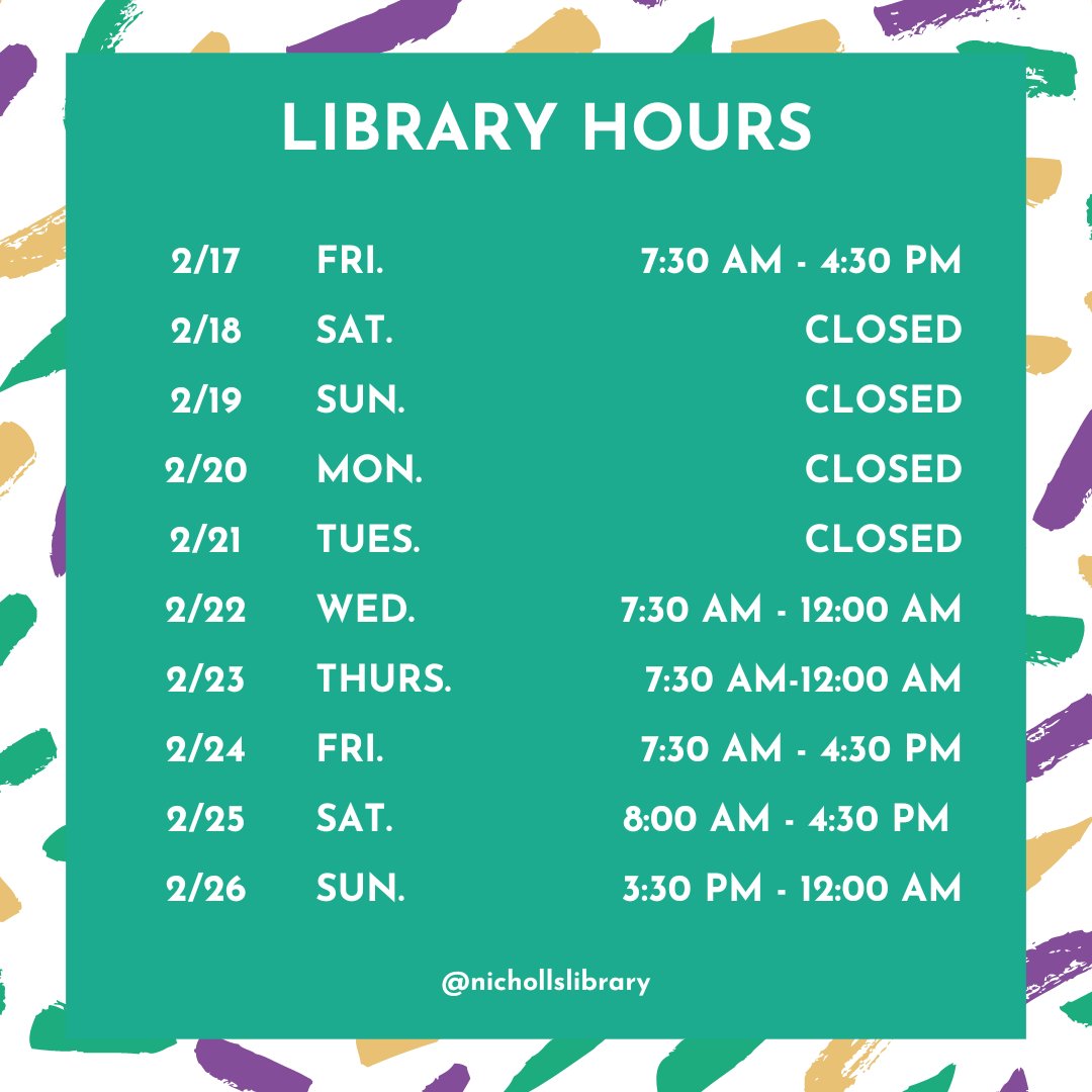 NichollsLibrary's tweet image. We&apos;re on carnival time! Mardi on. #mardigras #nichollslibrary #hours