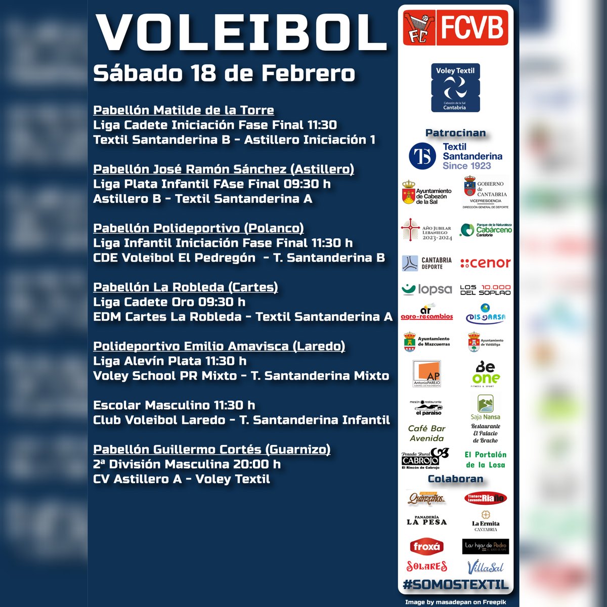 Este fin de semana tenemos a nuestros equipos repartidos por toda la región, además de un partido en el #matildedelatorre.

Toca seguir disfrutando al máximo del #voleibol 🏐🏐

#somostextil