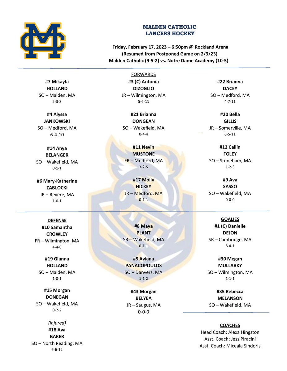 mc_girlshockey's tweet photo. Game Day! Lancers travel back to Rockland Arena to take on Notre Dame Academy. Game will resume from postponed game on 2/3/23 with MC trailing NDA 0-1 with 11 minutes remaining in the 2nd period. #GoMC https://t.co/dZuhSzD42e