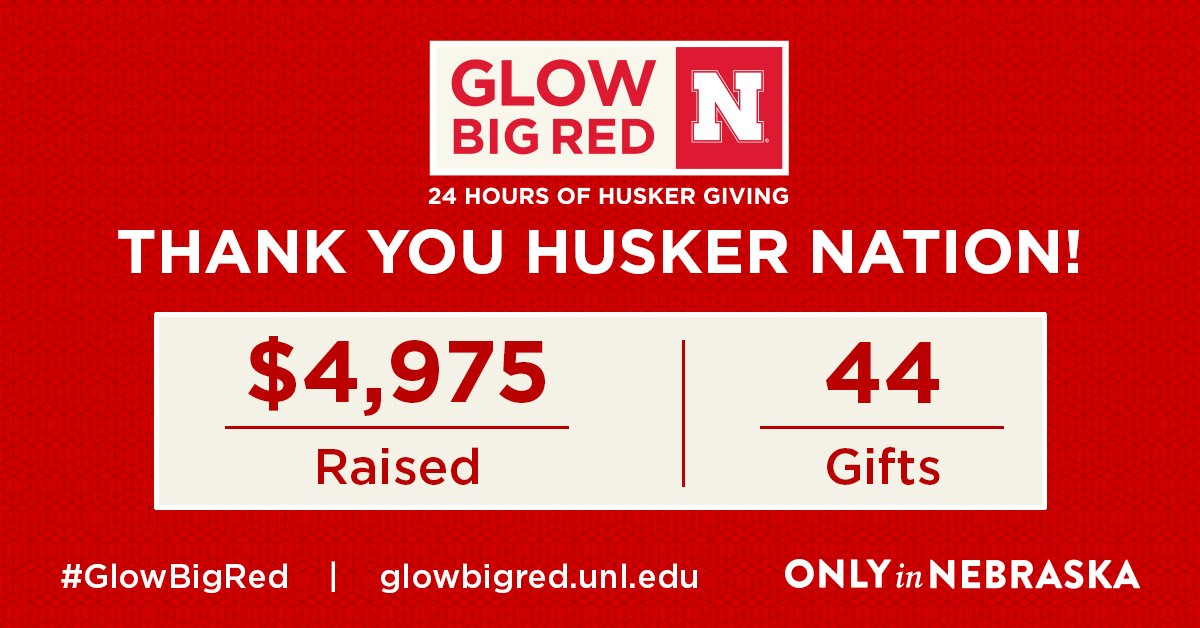 To all of those who donated during Glow Big Red: thank you so much! Because of you, we were able to raise almost $5,000 for our student support fund. We are so lucky to have our Husker family!