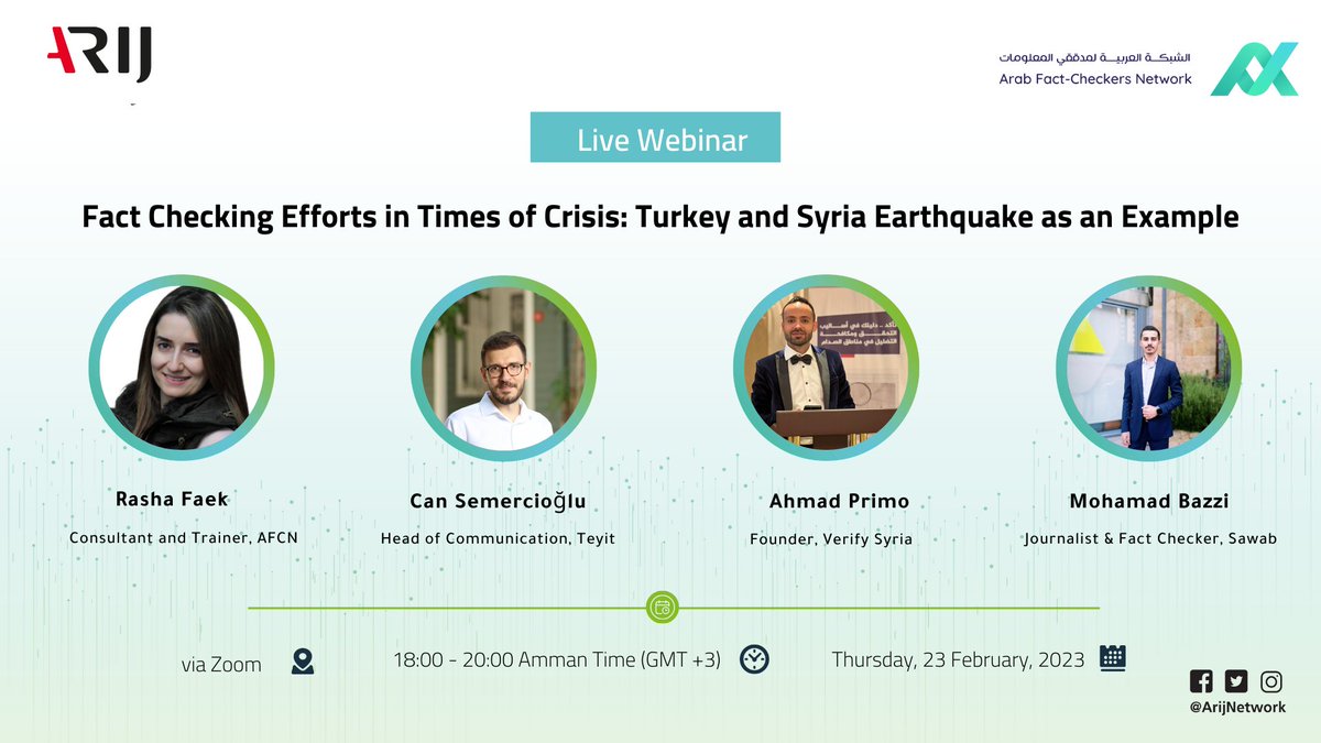 Teyit English (@teyit_en) on Twitter photo 👉 Our head of communications @cansemercioglu will be speaking on our efforts to overcome misinformation during the earthquake process at a webinar organized by <a href="/ArabFCNetwork/">Arab Fact Checkers Network</a>.
🗓️ 23 February 2023
🕕 18.00 (GMT +3)
🔗 Zoom: arij-net.zoom.us/webinar/regist… 👉 Our head of communications @cansemercioglu will be speaking on our efforts to overcome misinformation during the earthquake process at a webinar organized by <a href="/ArabFCNetwork/">Arab Fact Checkers Network</a>.
🗓️ 23 February 2023
🕕 18.00 (GMT +3)
🔗 Zoom: arij-net.zoom.us/webinar/regist…