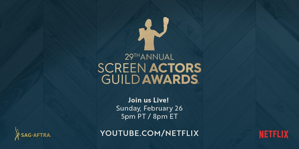 Backstage's tweet photo. Don't miss the 29th Annual @sagawards, streaming on Netflix's YouTube channel on Sunday, February 26 at 5pm PT / 8pm ET. Mark your calendars now! https://t.co/VJqjzXdQlj https://t.co/iB9WeklY0F