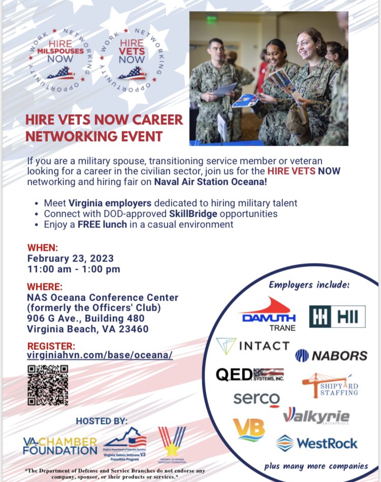 MITS_Inc's tweet photo. Join us at our next Hire Vets Now event on Feb. 23rd in Virginia Beach. #hirevets #vetjobs #djzinhle #Oceana https://t.co/bFIx6vqv1M