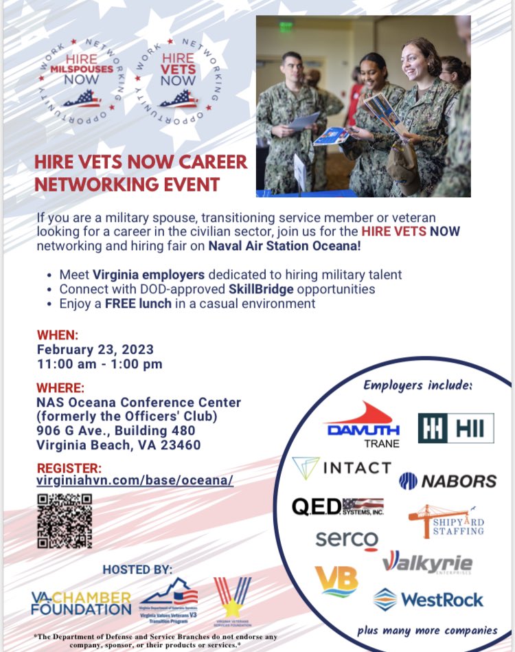 Join us at our next Hire Vets Now event on Feb. 23rd in Virginia Beach. #hirevets #vetjobs #djzinhle #Oceana