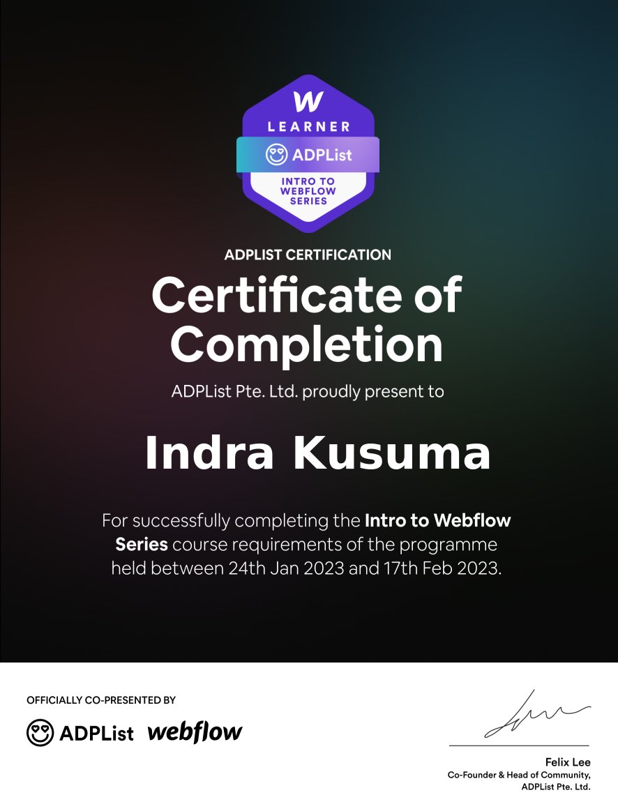 I'm excited to announce that I'm now Webflow Series Certified via @ADPList & @Webflow!🎉 Courses by @ADPList are fun and exciting, join me in the next ones!🔥 Thanks for the opportunity @felixleezd @jmsbaduor @mcguirebrannon @grimurgrimsson @thepixelgeek #WebflowWithADPList