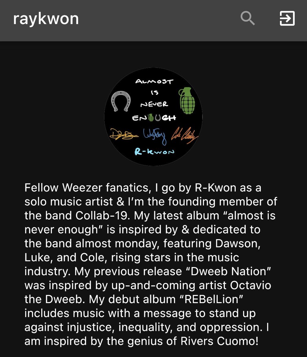 RKwonMusic's tweet photo. I don’t think enough people realize that genius Rivers Cuomo @RiversCuomo created his own music streaming platform “Weezify” with 3,500 @weezer demos &amp; music from dope indie artists like R-Kwon (aka raykwon) featuring his @ALMOSTMONDAYY &amp; @octaviothedweeb inspired tracks #Weezify https://t.co/1AYFasUcLS
