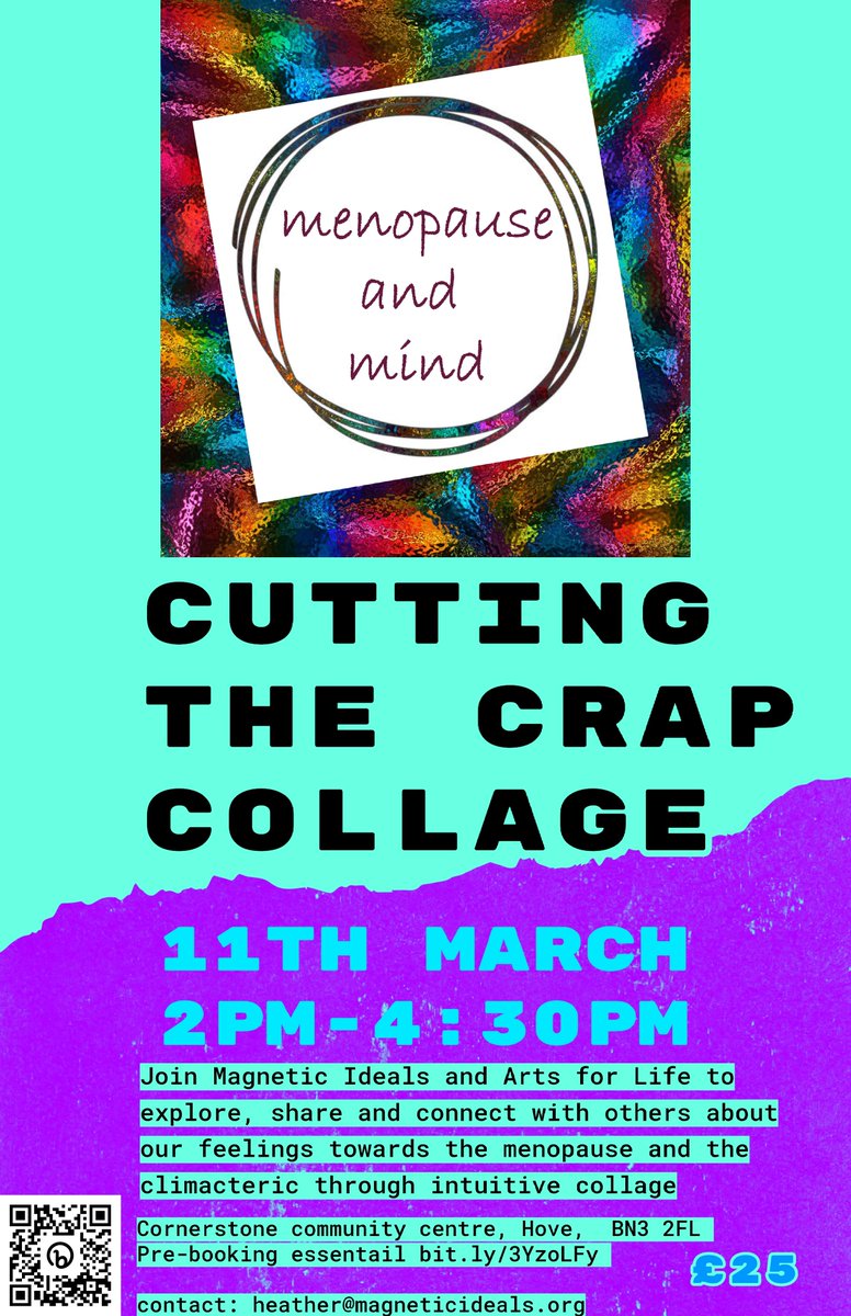 Our friends menopause and mind explore creative approaches to mental well-being and practices of collective care, and look at the language around menopause. 
Get involved and join them for this exciting collage workshop!
Booking is via Eventbrite.