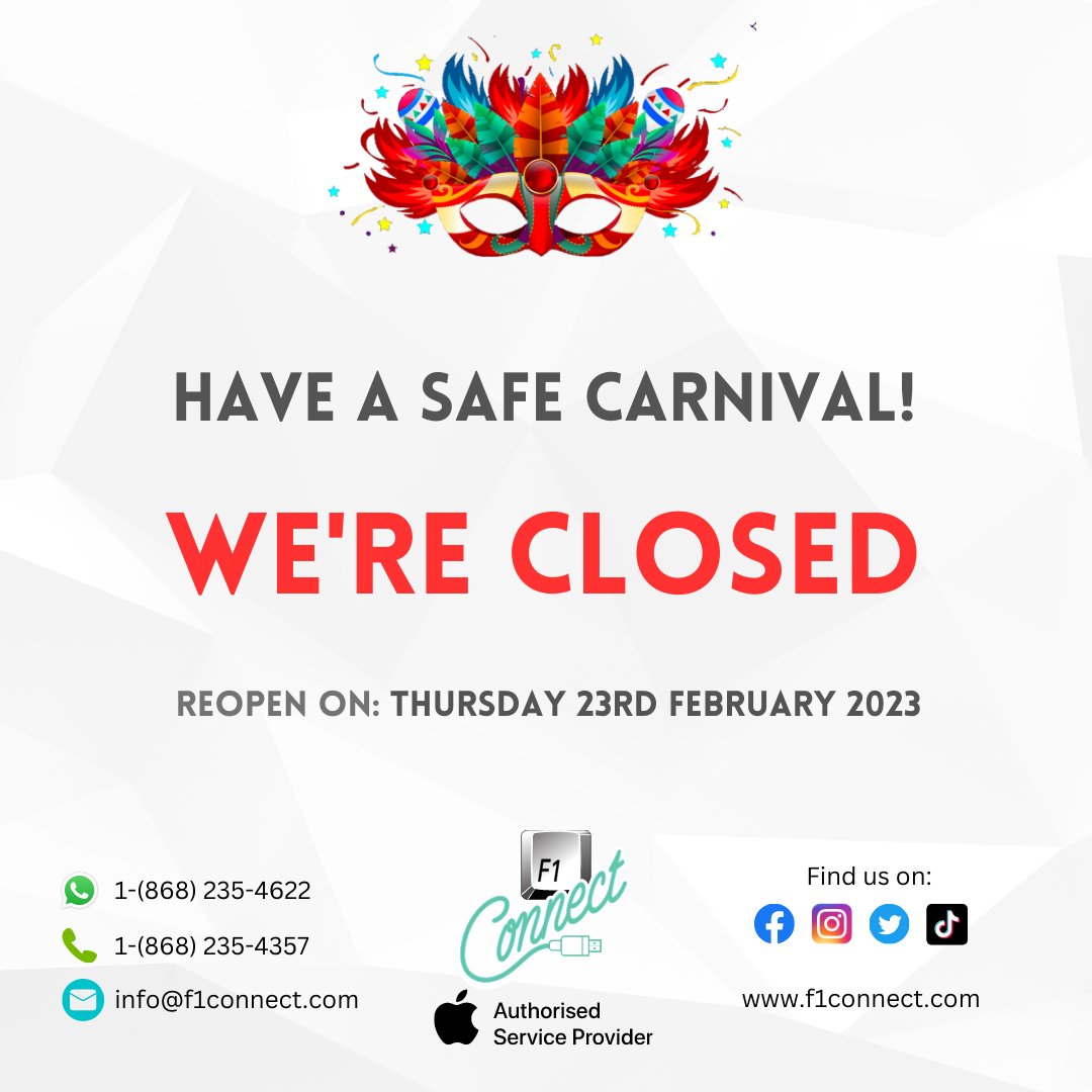 f1connectltd1's tweet photo. Please note that we will be closed and
reopen on Thursday 23rd February 2023. Have a safe
carnival! https://t.co/X5NEovcE9n