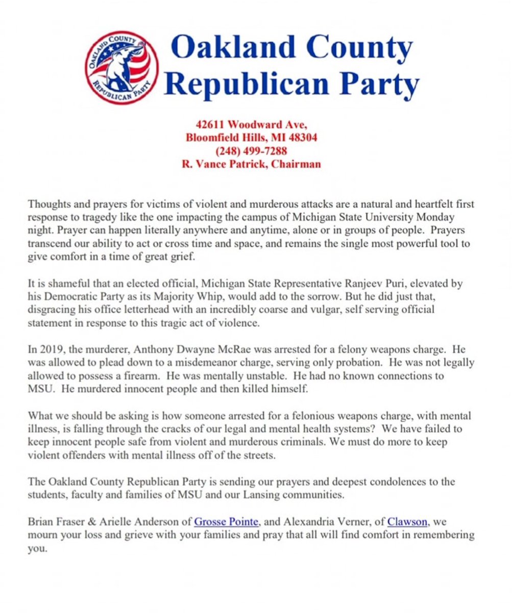 IndivisibleMich's tweet image. On behalf of #Michiganders and @RanjeevPuri, fuck your thoughts and prayers @oakland_party.