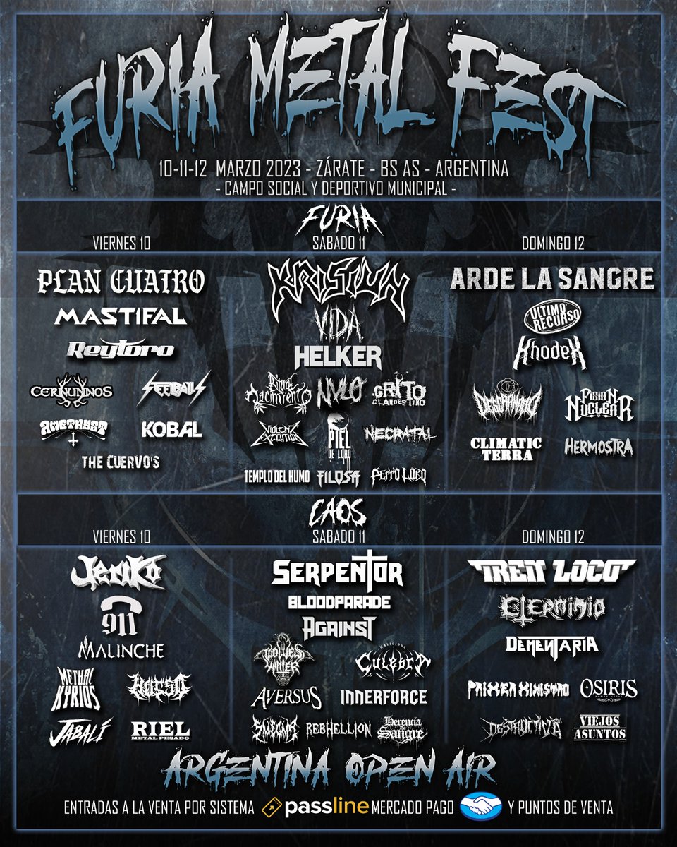 🔥Grilla completa del #FMF2023
🗓 10, 11 y 12 de Marzo 
👉🏻3 días, 2 escenarios, 50 bandas!