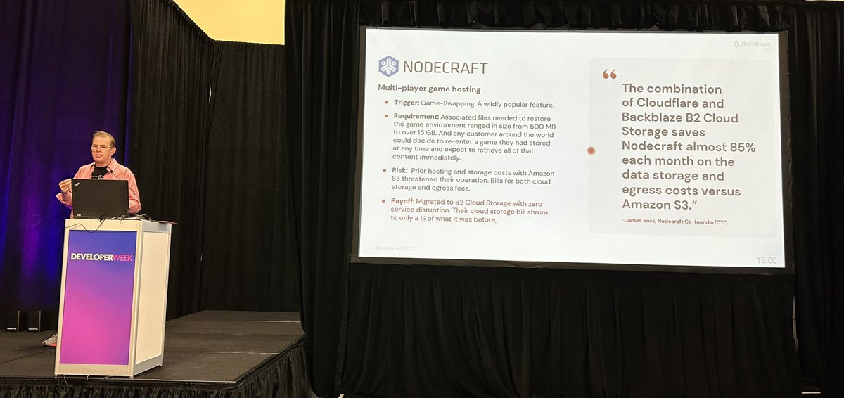 metadaddy's tweet image. .@Backblaze Sr Developer Evangelist @databasedDev explaining how game server host @nodecraft cut their content storage and distribution costs by nearly 85% migrating from AWS to #BackblazeB2 and @Cloudflare.

Find out more at #DeveloperWeek2023 expo booth 810 today!