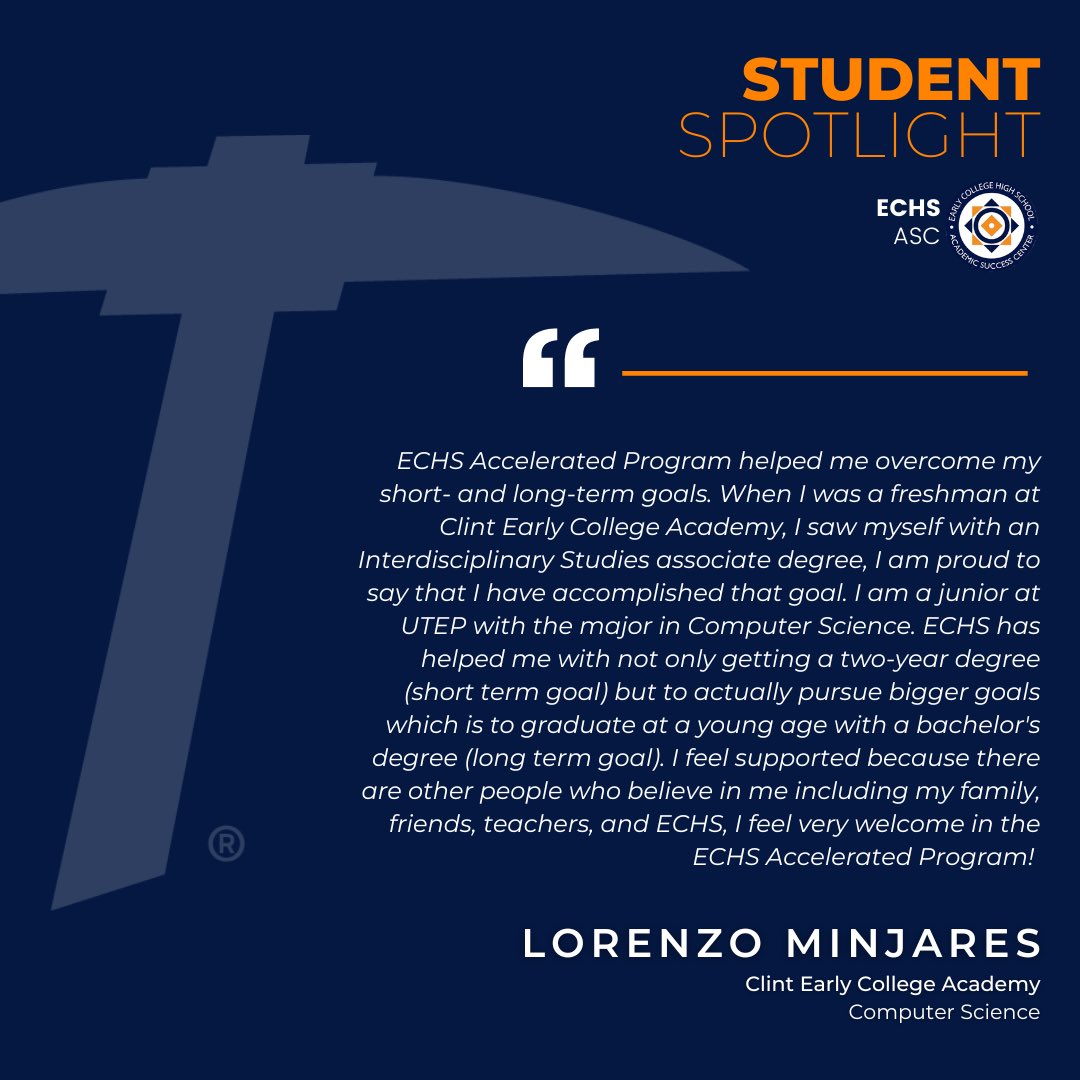 ✨Student Spotlight✨

Meet Lorenzo Minjares, an exceptional student who has made a significant impact on the promotion of computer science at Clint Early College Academy. Thank you, Lorenzo, for all that you do! 

#studentspotlight #earlycollege #clintisd