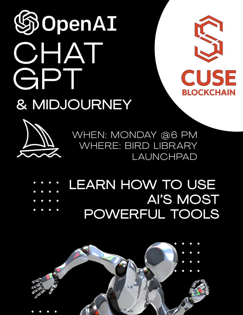 cuseblockchain's tweet image. Come join us next Monday at 6pm in the Blackstone Launchpad to learn about what&apos;s going on in AI and how to use models such as ChatGPT and Midjourney🤖. We will be joined by special guest @gluskaSEO, author of The ChatGPT Promptbook.