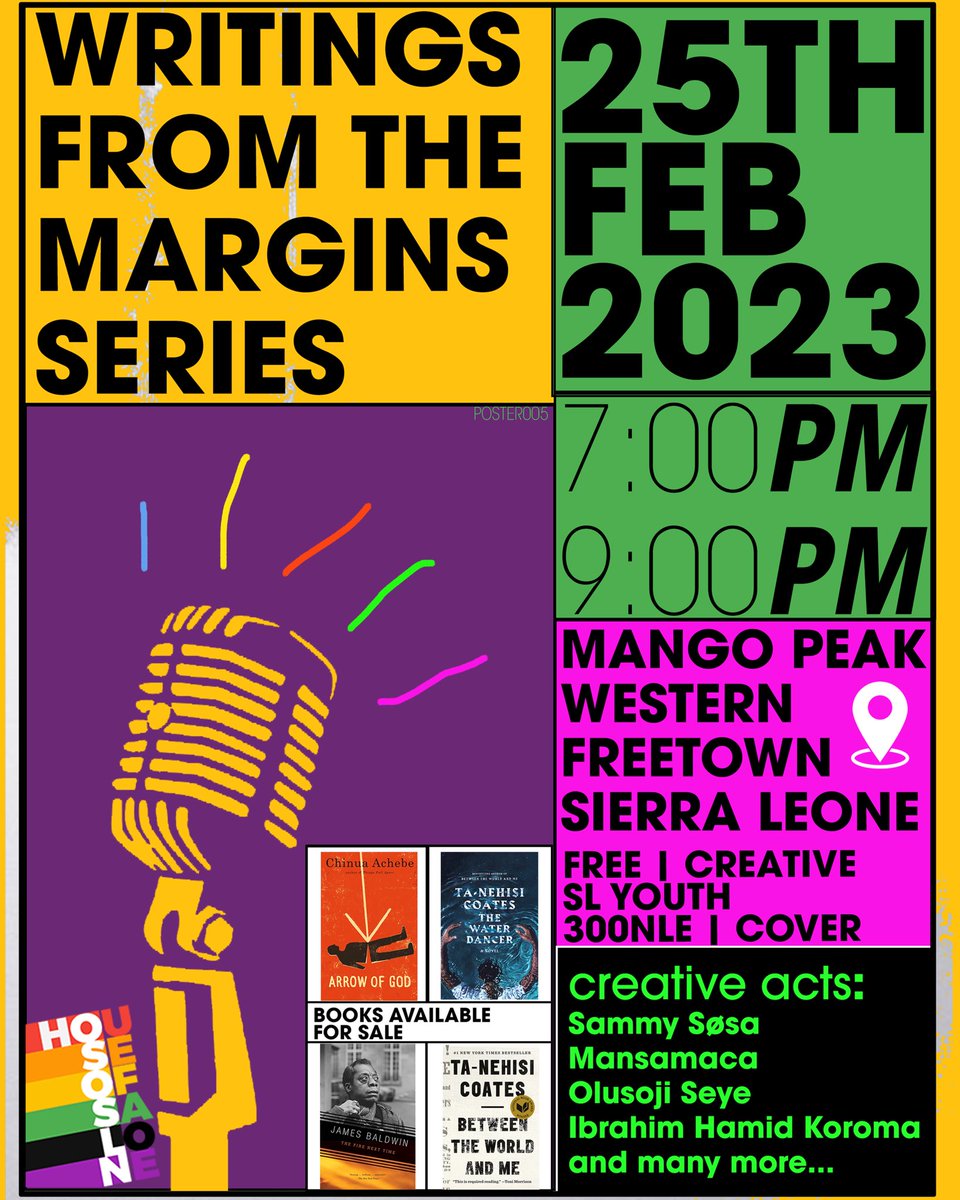 We’re already back next Saturday 25, 7PM at Mango Peak, share stories on freedom with us. We can’t wait to see you x grow with you. 

Stay creative x conscious ✨ 

#sierraleone #freetown #SaloneTwitter #africancreatives #africanliterature #blackliterature
