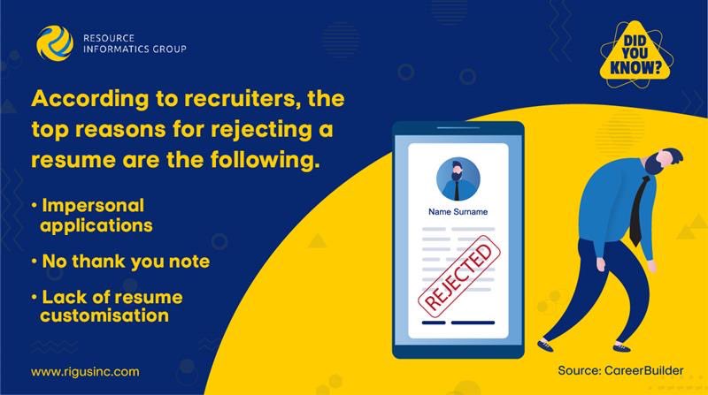 rigusinc's tweet photo. There can be various reasons why resumes are rejected. 

Job seekers must make it a point to customise their resumes to the specific job they are applying for.

#resourceinformaticsgroup #didyouknowfacts https://t.co/WsvqOp1huL