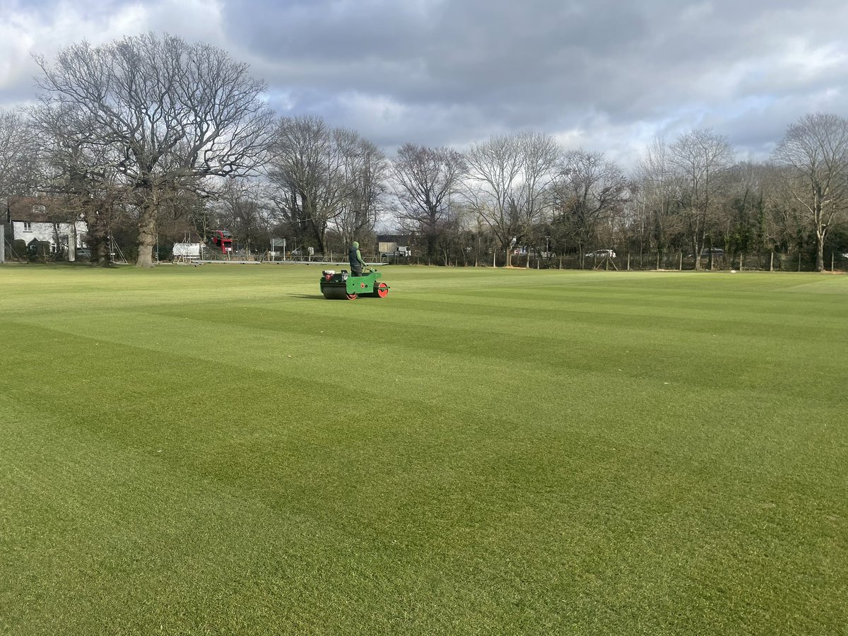 james_bouge's tweet photo. Rugby down and football in on the soon to be cricket outfield.Cheeky tickle and cut with the @DennisMowers and rolling begins! Outfields liquid fed followed up with a seed @rigbytaylor SR.All football ready for weekend,superb efforts from @CorinKent.#takeittoanotherlevel https://t.co/ELq4Qk75xD