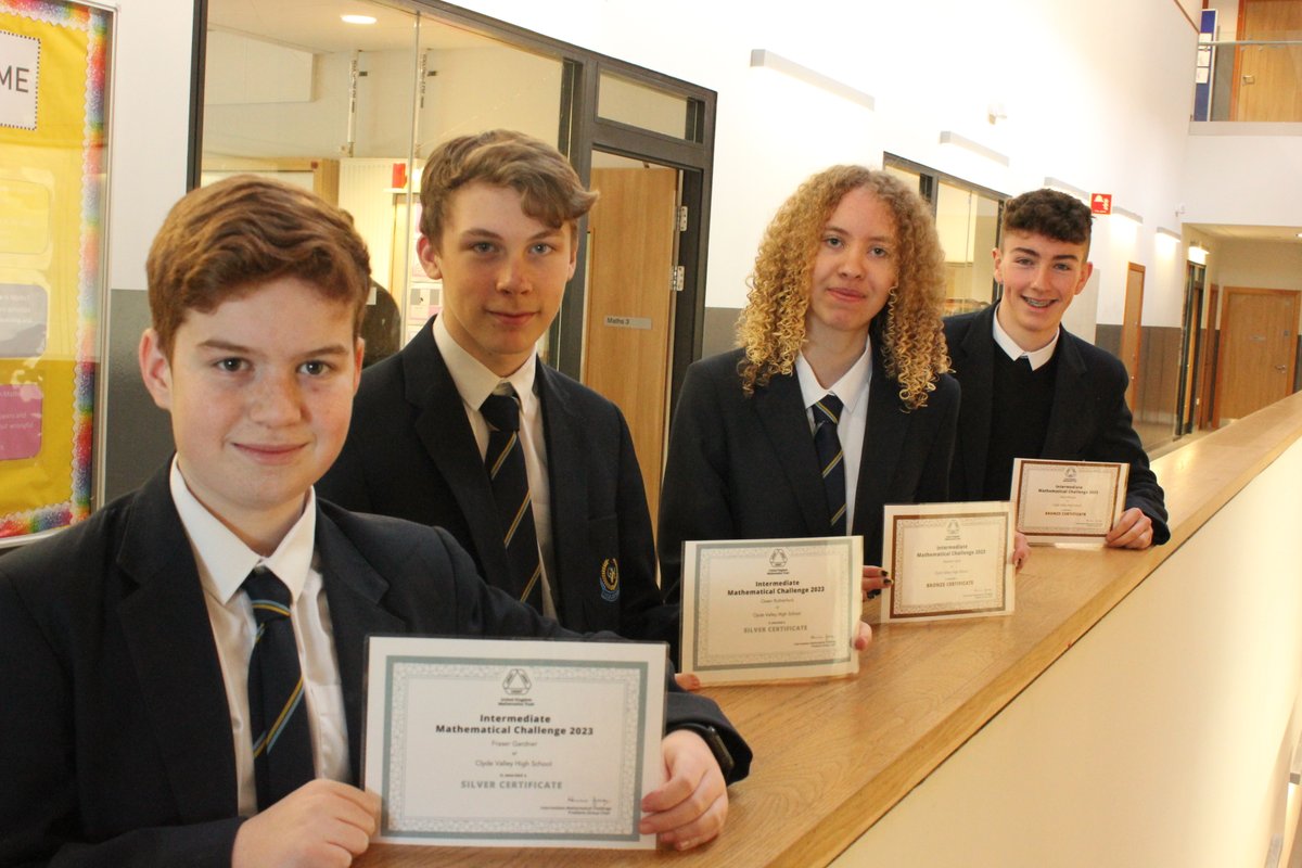 A huge congratulations to our S3 Mathematicians who took part in the UKMT Intermediate challenge.
Well done to Fraser, Owen, Heather and Harry who achieved Bronze and silver awards! #Mathletes #WiderAchievement #Successful @ClydeValleyHS