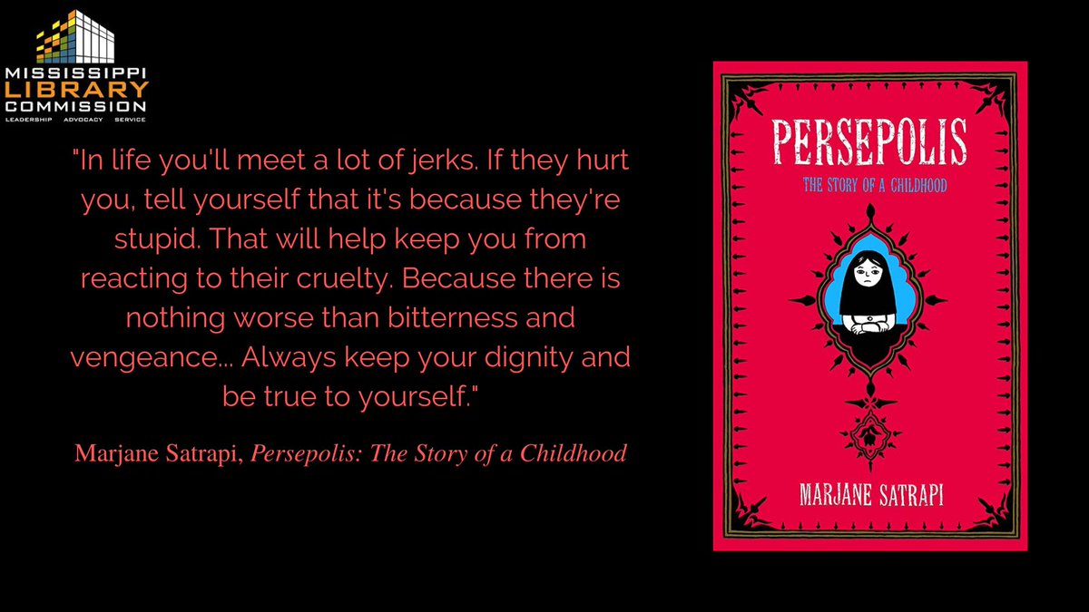 MSLibraryComm's tweet photo. In 'Persepolis,' Marjane Satrapi paints a picture of her childhood in Tehran around the time of the Iranian Revolution. 'Persepolis' is a graphic novel about growing up, dealing with change, and the cost of war and oppression. #ReadWithMLC #BookTwitter #MSLibraries https://t.co/Osnj6uDDWv