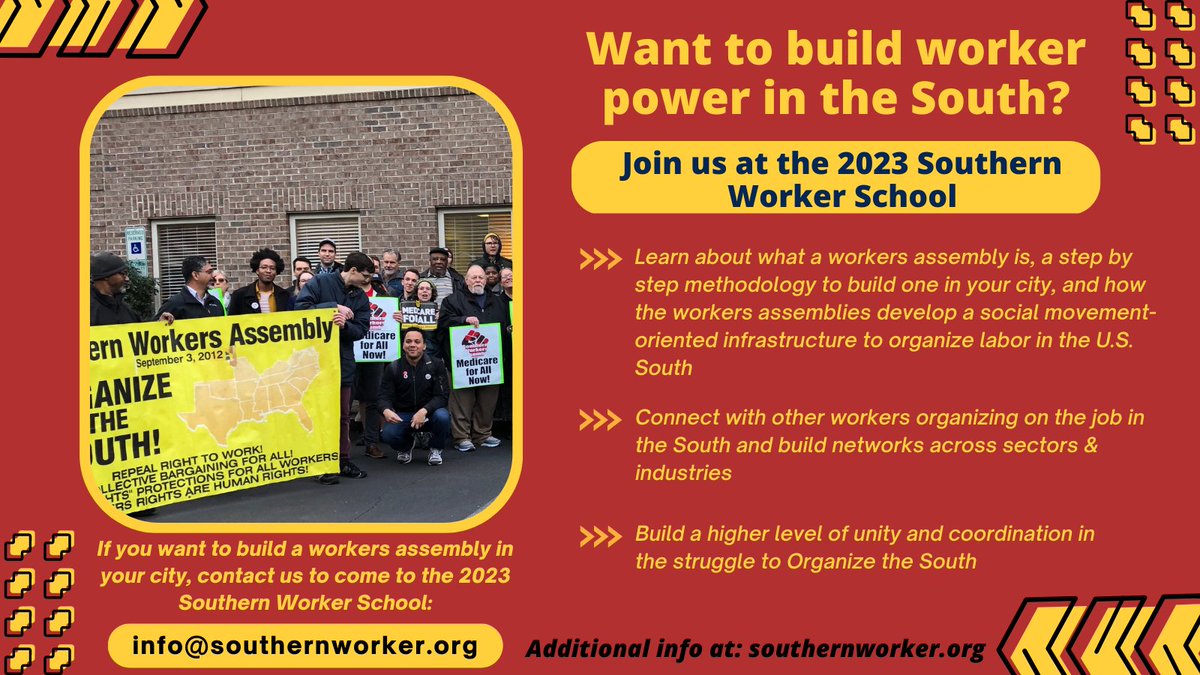 SWA_solidarity's tweet photo. Are you a worker or labor activist in the U.S. South? Are you interested in learning more and building a workers assembly in your city? 

🚩⏩ Reach out to info@southernworker.org to join us at the upcoming Southern Worker School, April 21 - 23 in Charlotte, NC! #OrganizeTheSouth https://t.co/M31ROmPinU