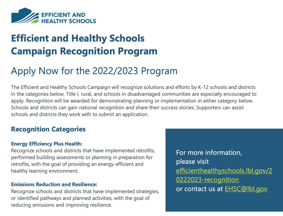 US Department of Energy's Efficient and Healthy Schools Campaign is welcoming #schools to apply for recognition: (1) energy efficiency plus health, and (2) emissions reduction and resilience. Submissions due March 1 @berkeleylabeta efficienthealthyschools.lbl.gov/20222023-recog…