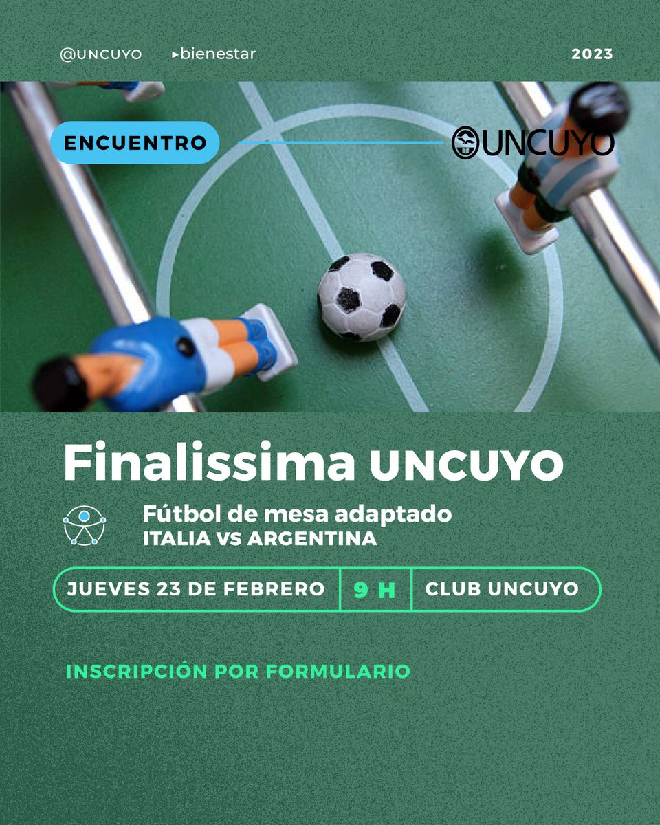 #FinalissimaUNCUYO ⚽, este 23-feb 9 hs. Demostración de los beneficios que aporta este deporte a la rehabilitación de las personas con discapacidad y finalizará con un partidazo de futbol de mesa entre la Selección 🇦🇷  y <a href="/fpicb/">FPICB</a> 🇮🇹

 bit.ly/FinalissimaUNC…