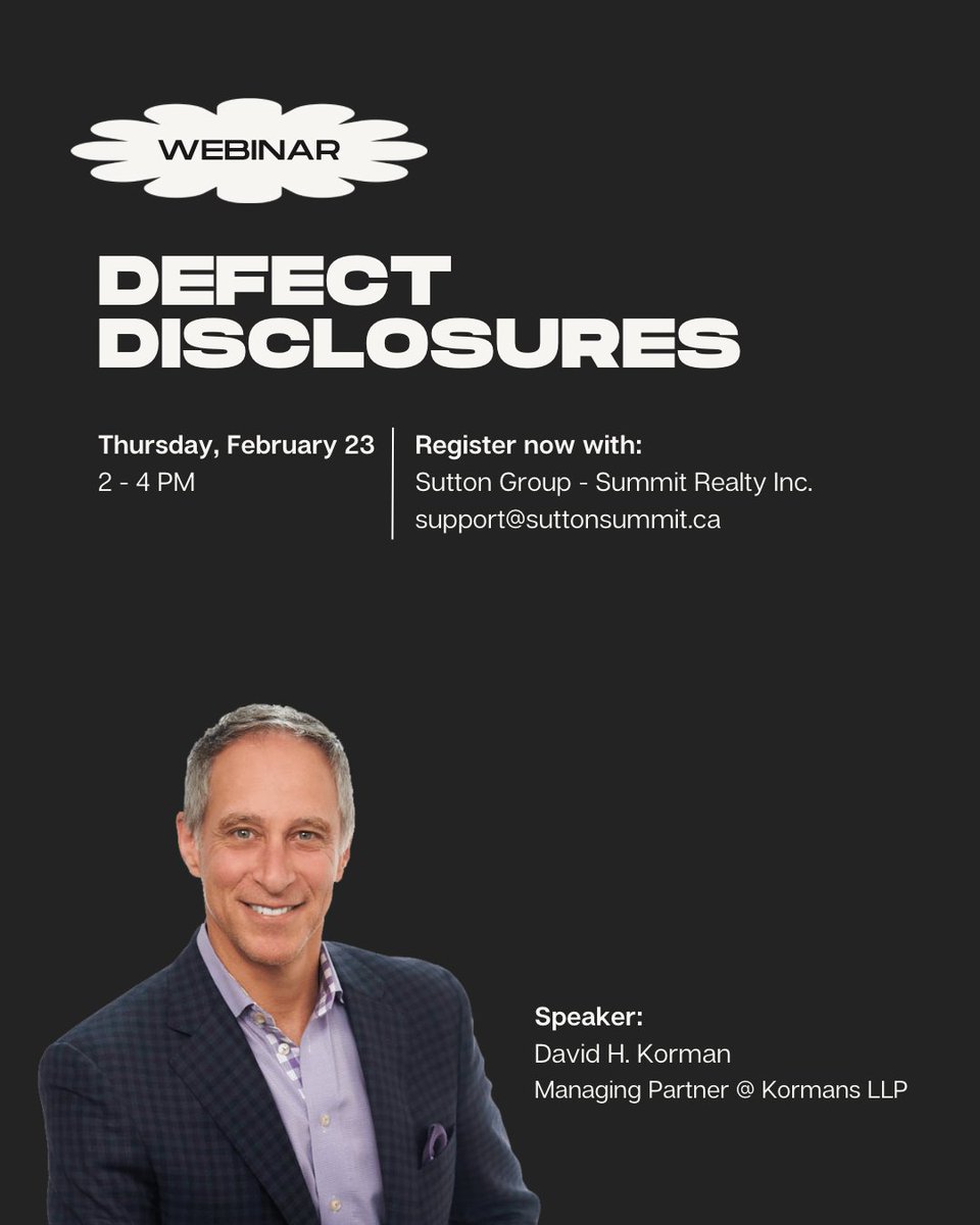 kormansllp's tweet image. Learn about Defect Disclosures with David Korman

#torontolawyers  #suttonsummit #suttonstrong  #realestatelawyer #torontorealestatelawyer #torontolawfirm #webinar #defectdisclosure #seller #sellerslawyer #realestatelawyer #realestatelaw #defect #sellinghomes #homeselling