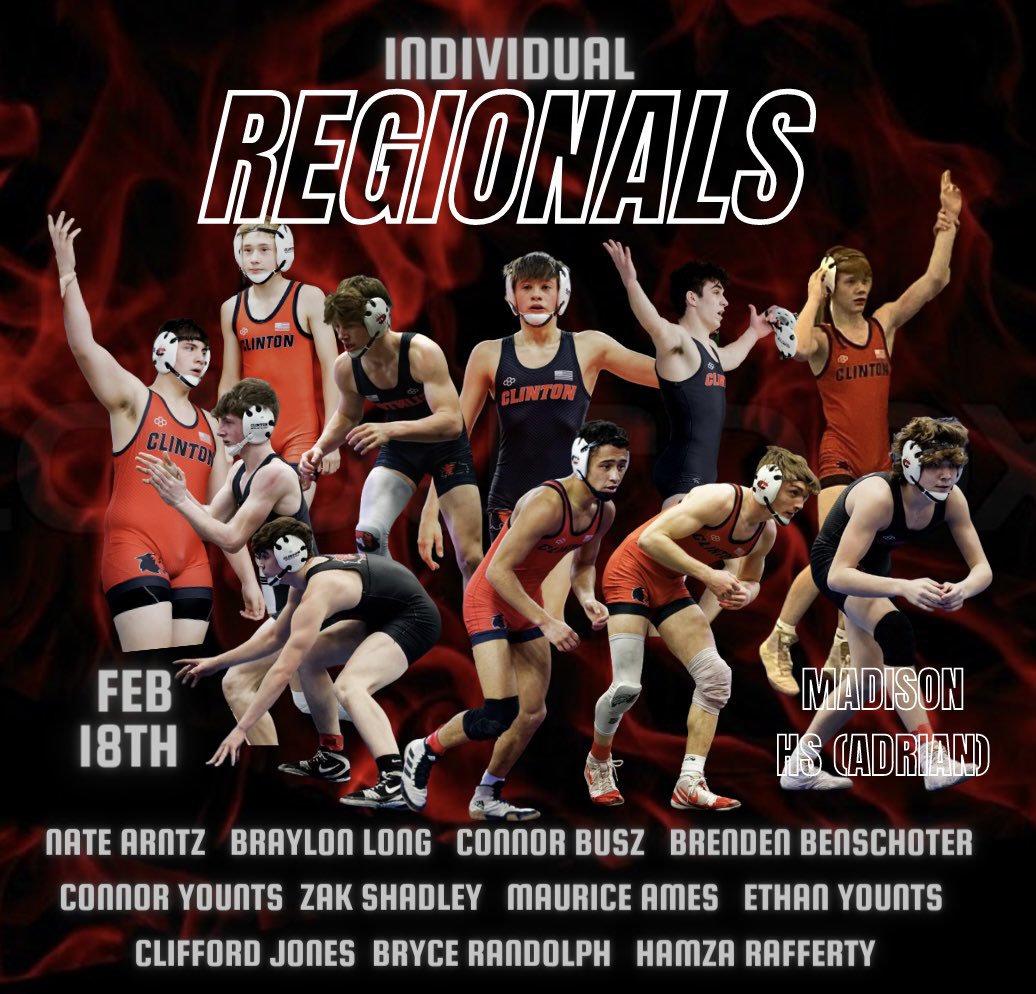 This Saturday we have 11 wrestlers competing to get one step closer to Ford Field. Wrestling starts at 9:30am at Madison HS (Adrian). #RedwolvesWrestling <a href="/ClintonAthletic/">Redwolves Athletics 🐺</a> <a href="/ClintonWrest/">Clinton wrestling guy</a> <a href="/WreckingCrewMI/">C. Randolph</a> <a href="/CHS_LeadsTheWay/">Clinton High School</a>