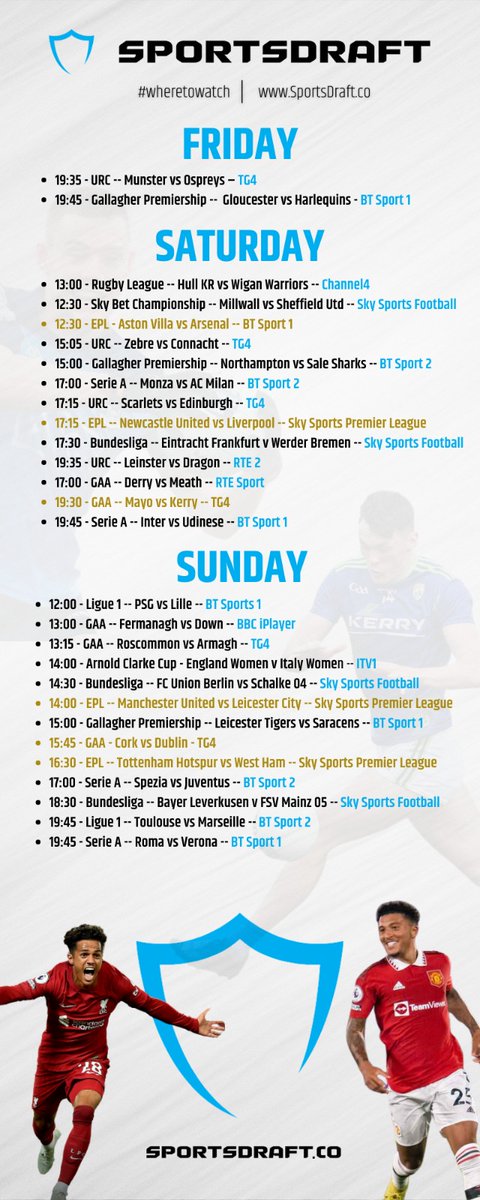 WheresTheScore's tweet photo. Your ultimate guide to Sports on TV this weekend πΊ πͺ
Big ones in π‘
#wheretowatch #SportsDraft
#EPL #URC #GAA #RUGBY #SOCCER https://t.co/FvaqbxCsnn