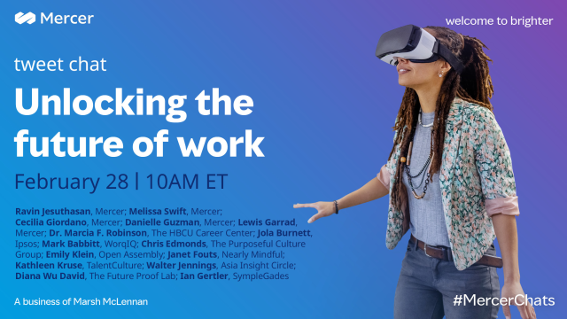 Don't miss our upcoming #MercerChats tweet chat on Feb 28, featuring @MarciaFRobinson, @MeSwift, @MarkSBabbitt, @CSEdmonds and more, as we explore the critical #talent, #business, and #HR trends impacting the #FutureofWork.
