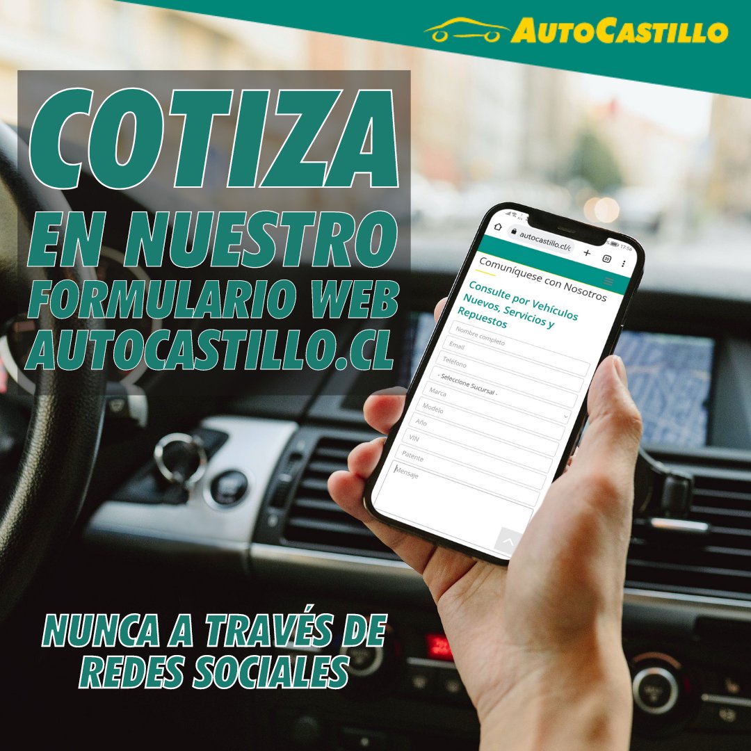 Auto_Castillo's tweet photo. Comunícate siempre a través de nuestros canales oficiales. Nuestros correos corporativos terminan en @autocastillo.cl, y nuestros datos de contacto están publicados en nuestra página web https://t.co/S3KxhsRQpN, no realizamos cotizaciones ni ventas a través de redes sociales. https://t.co/3Q9vzgl6jm